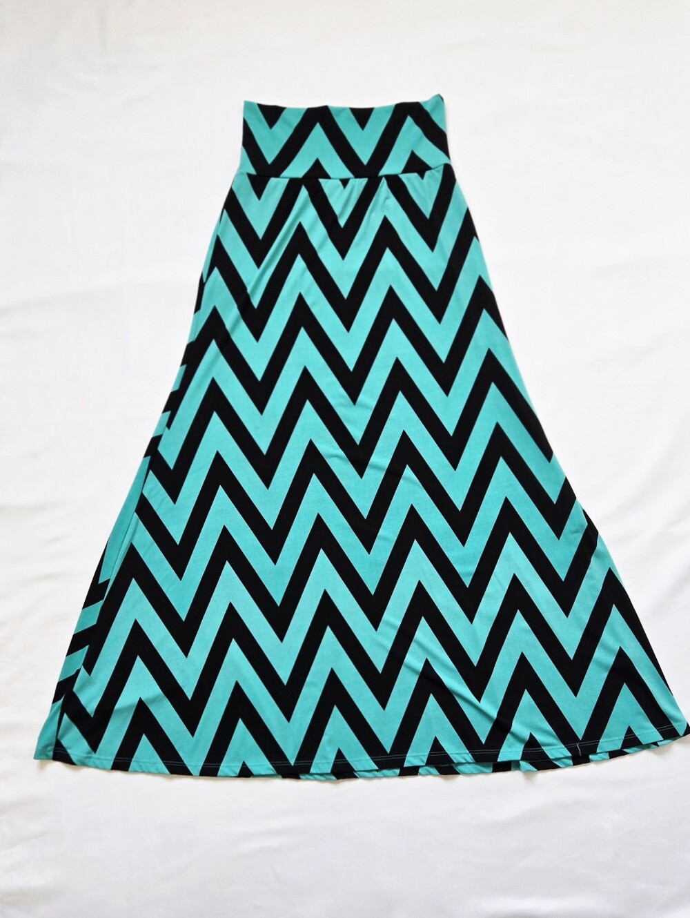 Pamela James Chevron Maxi Skirt Teal Black Fold Over Waist Stretch